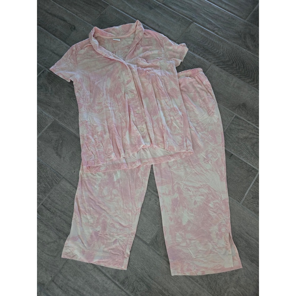 Soma Intimates Pink Marble Tie Dye Pajama Set Short Sleeve Top Crop Pants Large